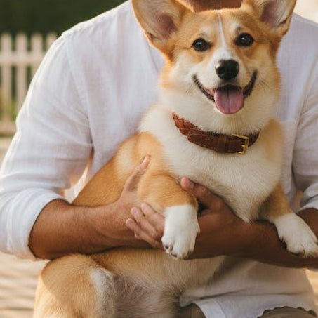 A smiling man in a white shirt sits on a sunlit porch with a happy corgi wearing the Georgie Paws Casey Collar - Syrup, featuring durable brass hardware. The cozy scene includes potted plants, white railings, and a picket fence.