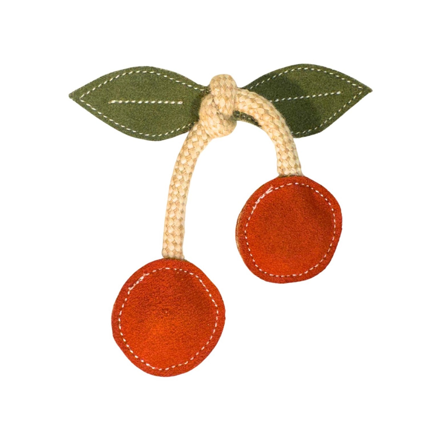 This playful Georgie Paws Cherry - red brooch boasts handcrafted vibrant cherries with green leaves, all made from sustainable coconut fiber. Beige knotted stems add charm, and white-stitched leaves complete this colorful accessory—ideal for a whimsical puppy gift or any cherry lover.