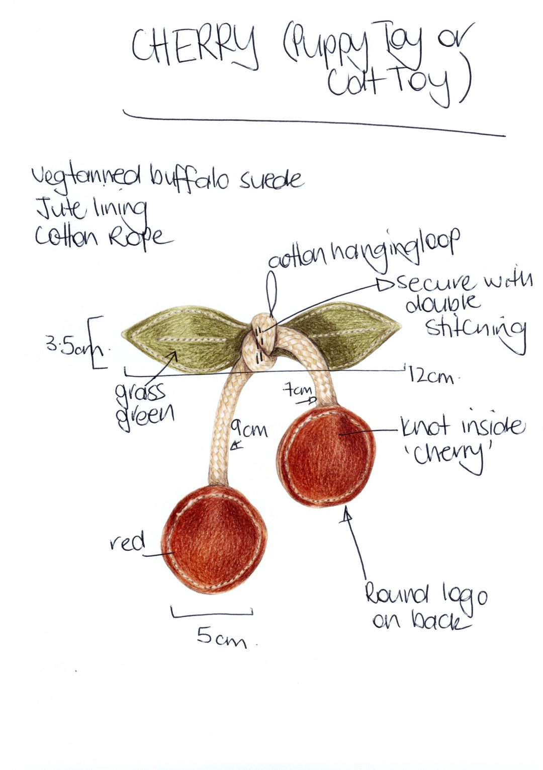 Hand-drawn diagram of the Georgie Paws Cherry Pup Toy (also for Cats): two red suede cherry circles hang from a cotton rope with green leaves, double stitching, labeled measurements, and a round logo on the back.