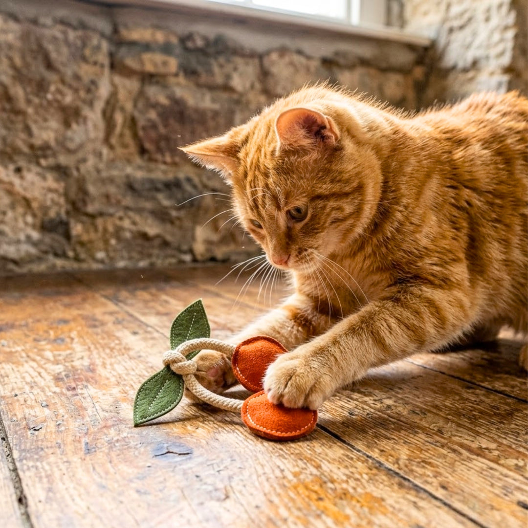 An orange tabby cat with stripes plays on a wooden floor with the Georgie Paws Cherry Pup Toy, shaped like two cherries attached by rope and a green leaf, as natural light streams in from a window and a stone wall frames the background.