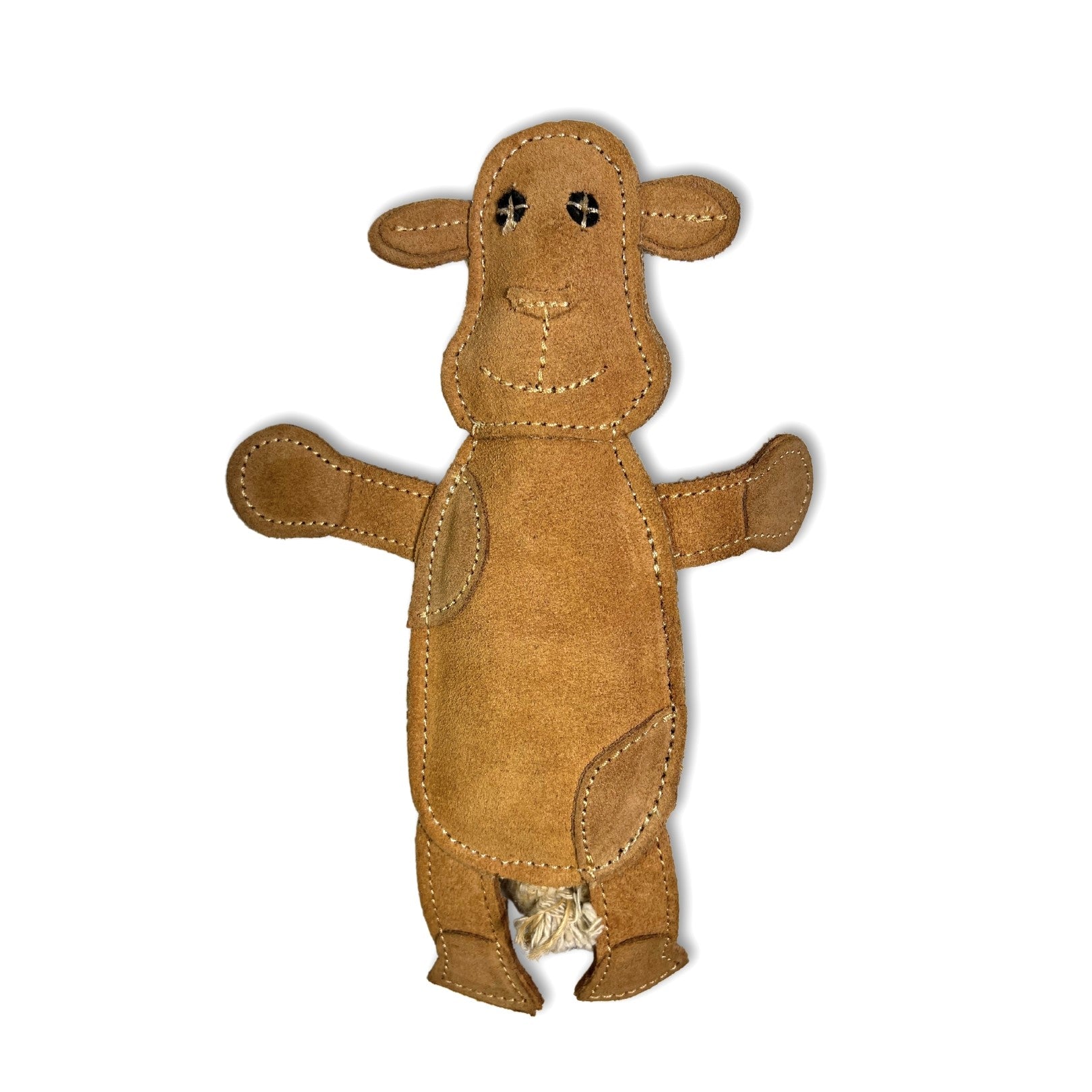 A plush toy cow named Cheryl with a friendly face, stitched details, and outstretched arms, isolated on a white background, inviting a playful hug or to be part of a child's imaginative playtime with Georgie Paws.