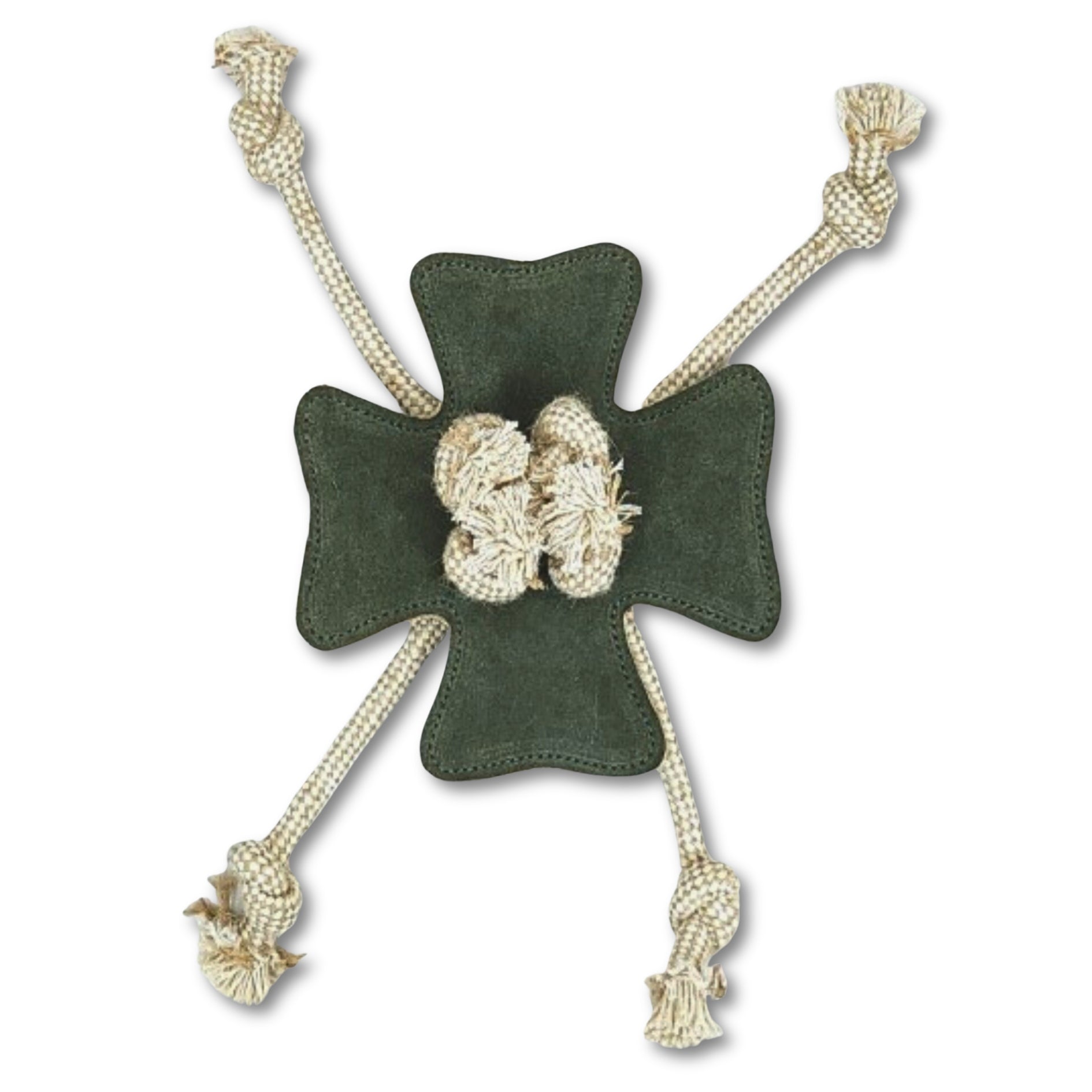 A compostable chew toy shaped like a clover with a rope tied around it.