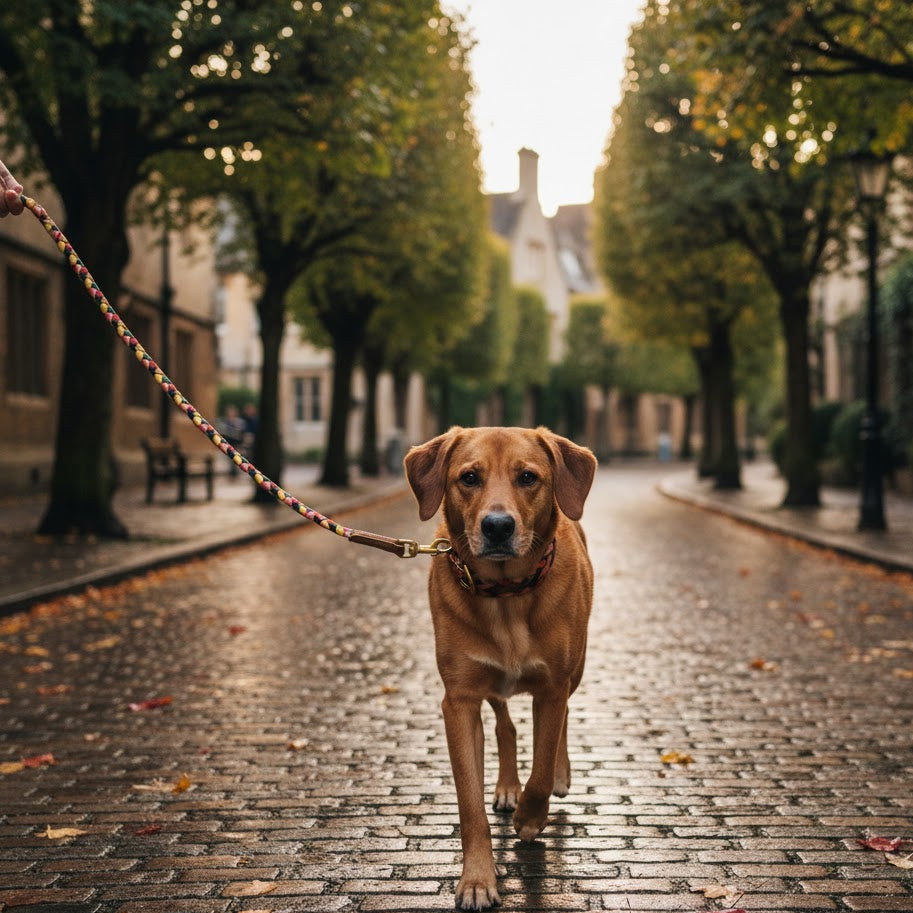 A brown dog on the durable Credence Lead by Georgie Paws walks down a wet, cobblestone street with autumn leaves under soft, golden sunlight, creating a calm morning atmosphere among trees and old buildings.
