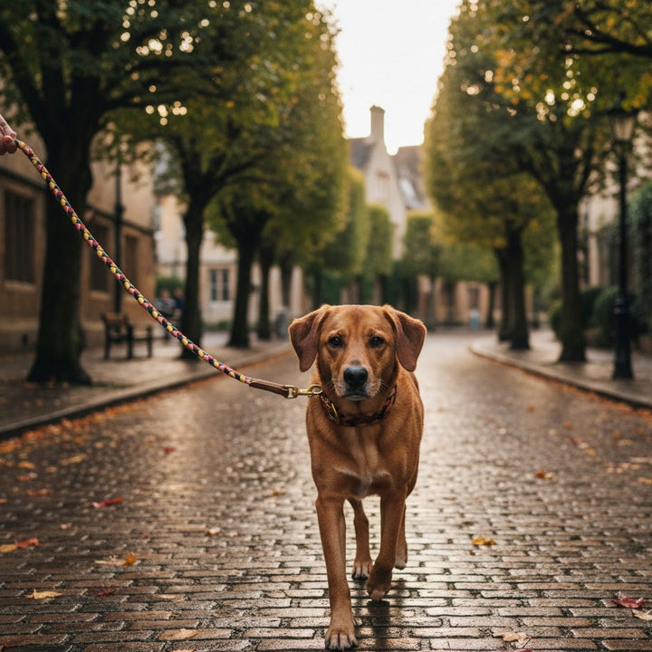 A brown dog on the durable Credence Lead by Georgie Paws walks down a wet, cobblestone street with autumn leaves under soft, golden sunlight, creating a calm morning atmosphere among trees and old buildings.