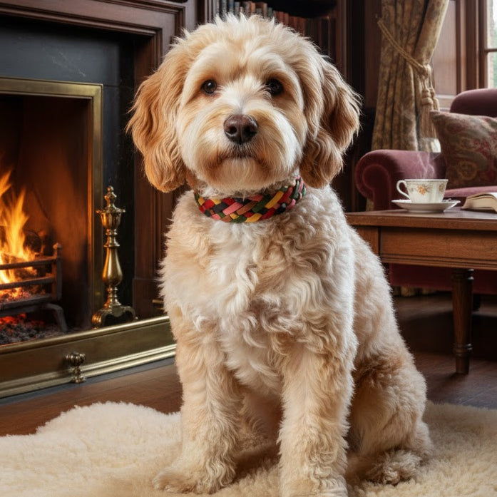 A fluffy tan dog sits on a white rug by a lit fireplace in an elegant library, wearing the Georgie Paws Credence Lead with brass hardware. Bookshelves, a curtained window, and teacup enhance the cozy atmosphere.
