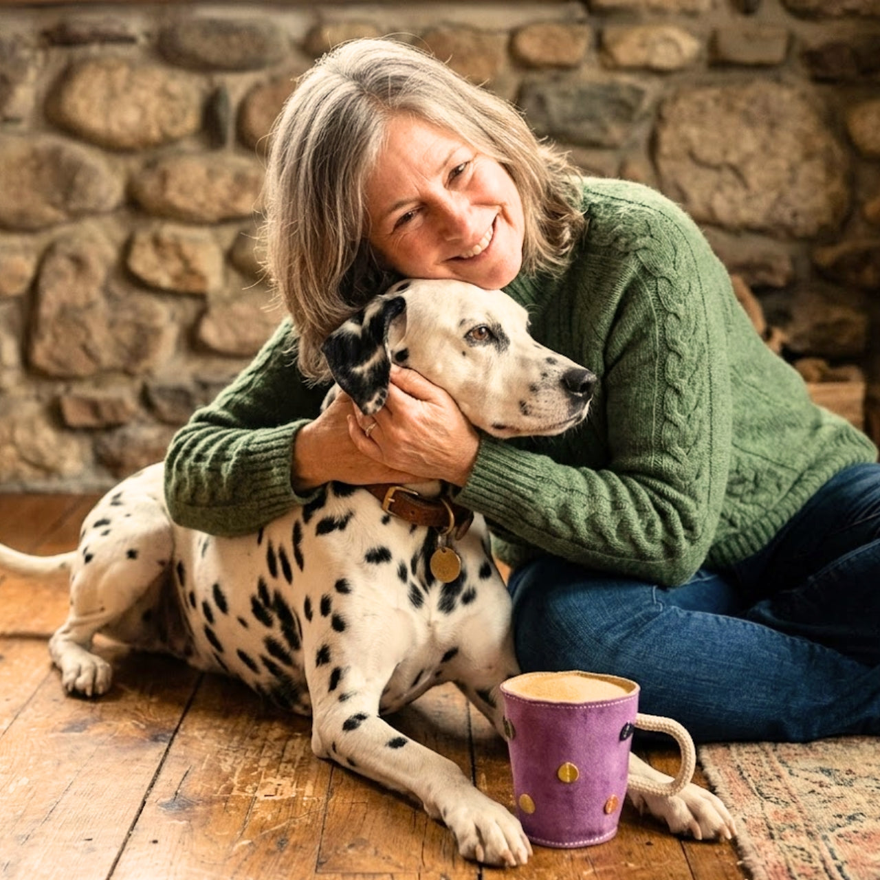 A smiling woman in a green sweater sits with her Dalmatian on a wooden floor. Next to them lies the Georgie Paws Tea in a Mug Dog Toy, inspired by a purple mug with gold dots, set against a rustic stone wall for a cozy vibe.