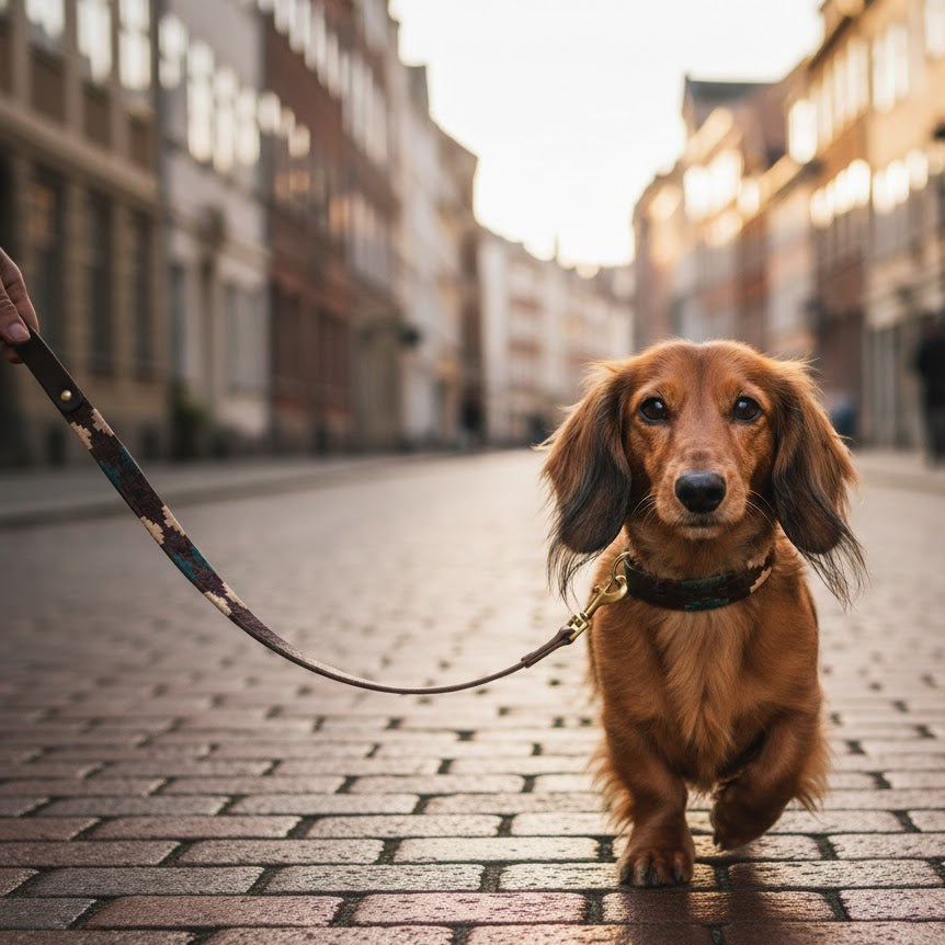 A long-haired brown dachshund walks on a cobblestone street at sunrise, looking at the camera. The dog wears the POLO LEAD - DEAN by Georgie Paws, with tall sunlit buildings lining both sides of the empty street.