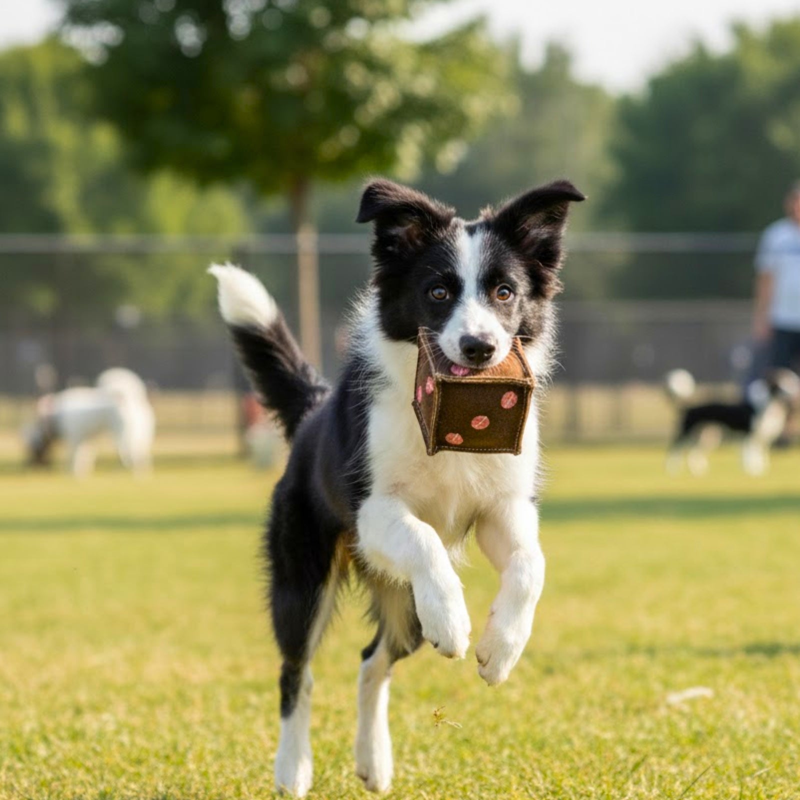A black and white Border Collie leaps on green grass, gripping a Georgie Paws Dice Dog Fetch Toy -chicory in its mouth at a sunny park, with blurred people, dogs, and trees in the background.
