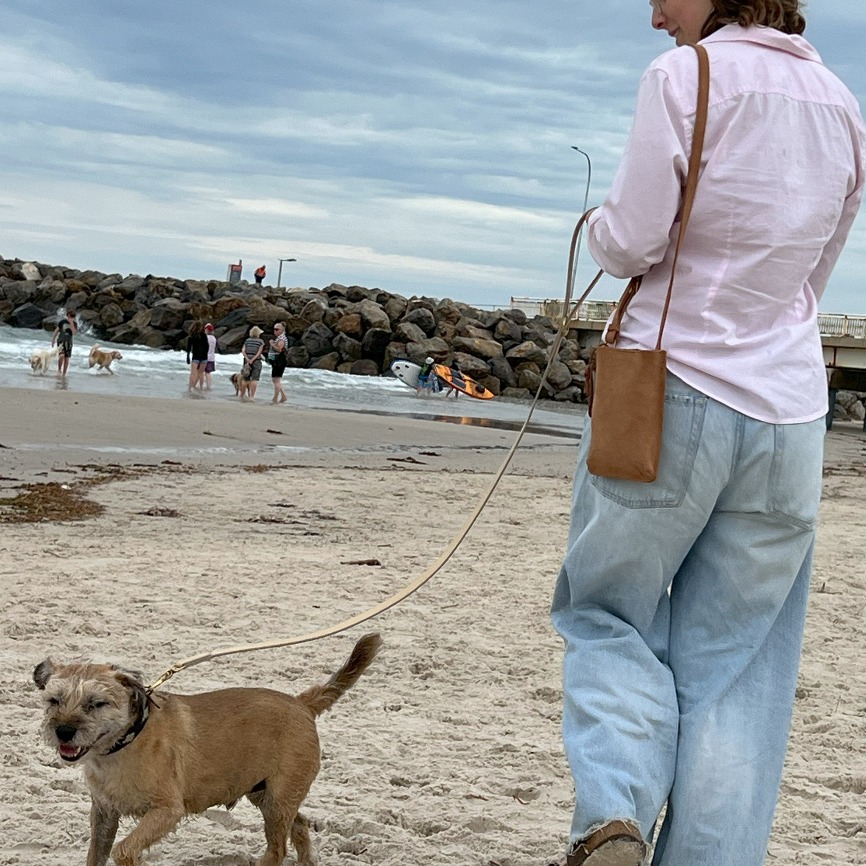 A woman in a pink shirt and blue jeans holds a Georgie Paws Bald Lead Chalk handle leash with a happy brown dog on a sandy beach, where people gather near the water and rocky pier, with a small.
