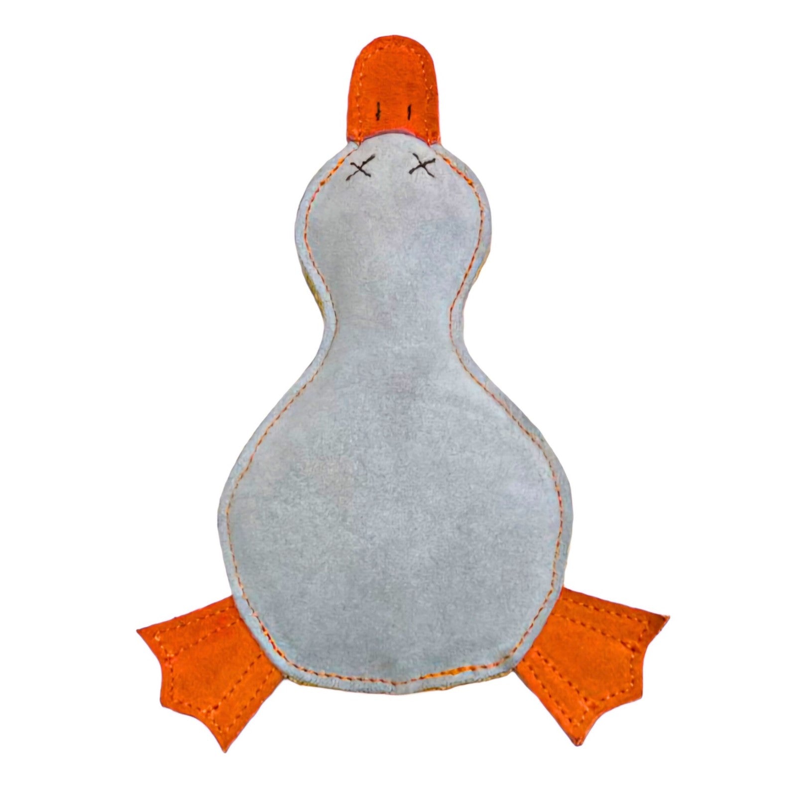 Meet Paul the Platypus by Georgie Paws, a charming plush toy shaped like a platypus with simplistic features. Crafted from soft, light blue fabric and durable Buffalo Leather, it boasts an orange beak and feet. Its black "X" marks for eyes add to its adorable, handmade charm, while visible stitching enhances its artisanal look and emphasizes sustainability.