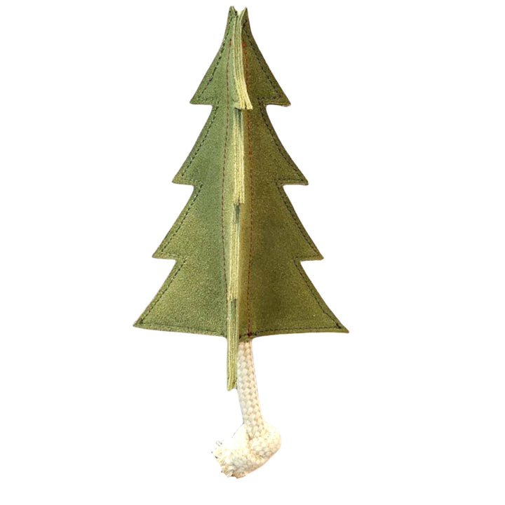 The Georgie Paws Pine Tree - Dog Toy is a green felt dog toy shaped like a pine tree with stitched edges and a white knotted rope trunk, shown against a plain white background.