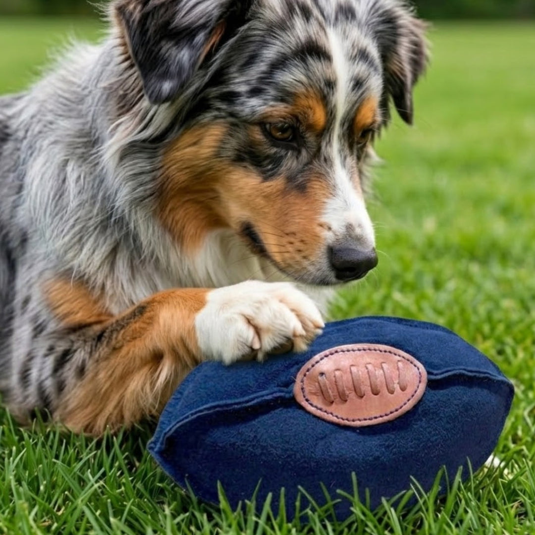 Georgie Paws Football Dog Toy in a dark denim blue buffalo suede filled with coconut fibre.