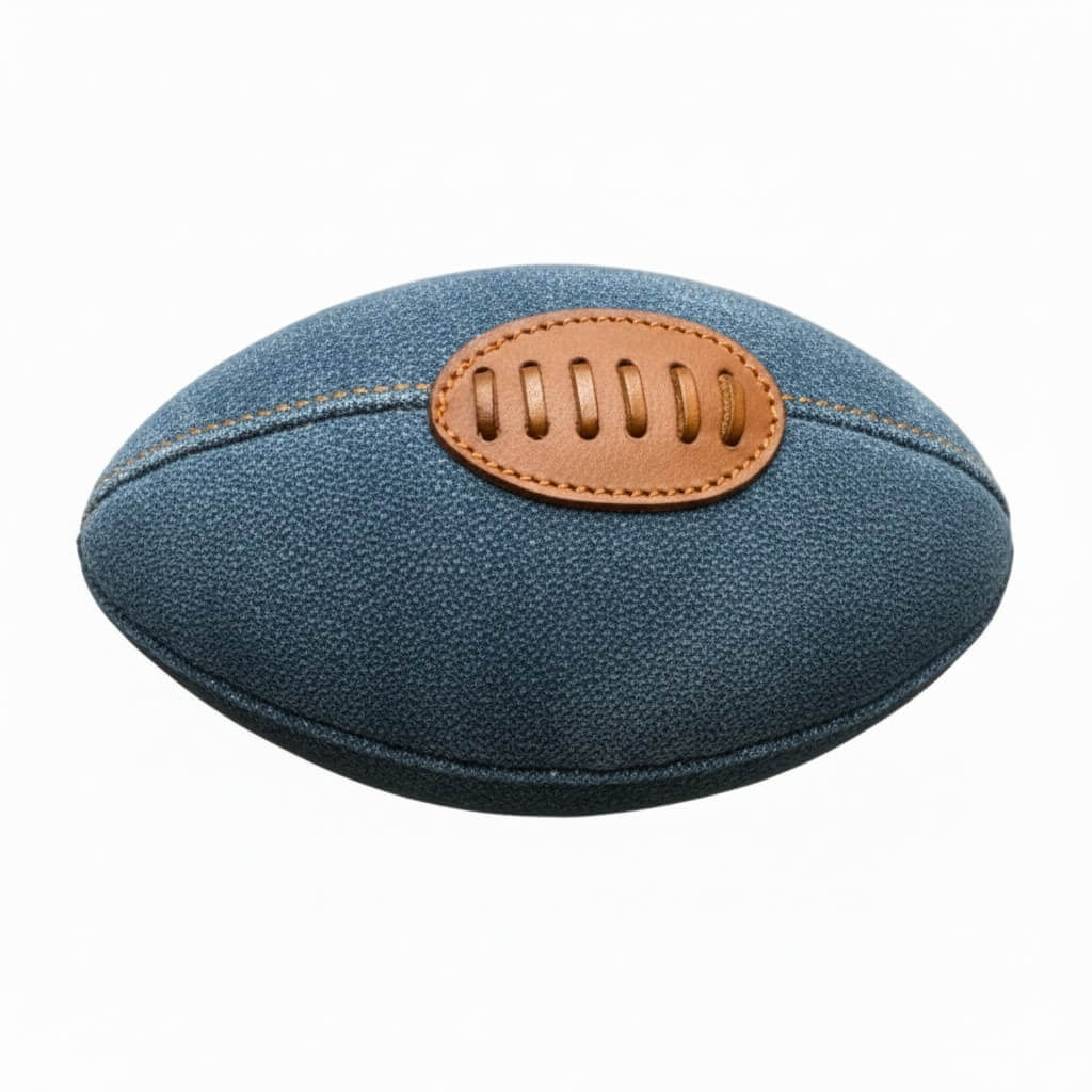The Footy Dog Toy - Blue by Georgie Paws is a blue denim dog football toy featuring brown leather laces and a leather patch, displayed against a white background. The detailed stitching and textures of the denim and leather are clearly visible, highlighting its stylish design and eco-friendly appeal for your dog's playtime.