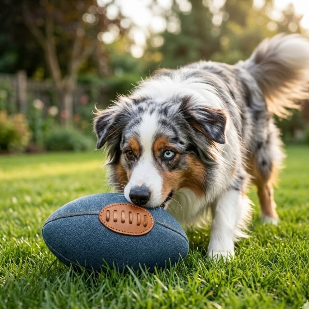 A blue merle Australian Shepherd with striking blue eyes stands on green grass, gently biting the Georgie Paws Footy Dog Toy - Blue, which features a brown leather patch, in a sunlit backyard with blurred trees and plants in the background.