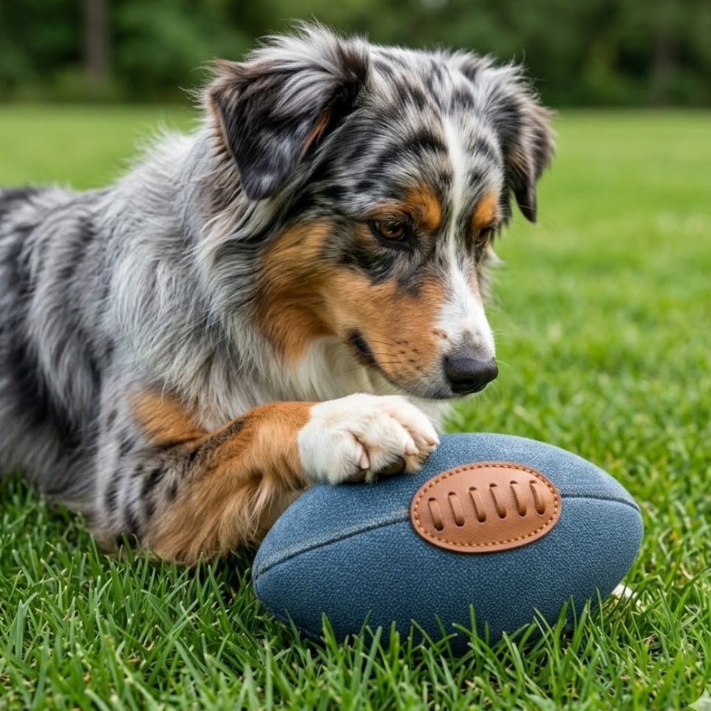 A blue merle Australian Shepherd sits on green grass, touching the Georgie Paws Footy Dog Toy - Blue, an eco-friendly dog football toy with a brown patch and laces, while looking curiously at it. Trees and blurred greenery are visible in the background.