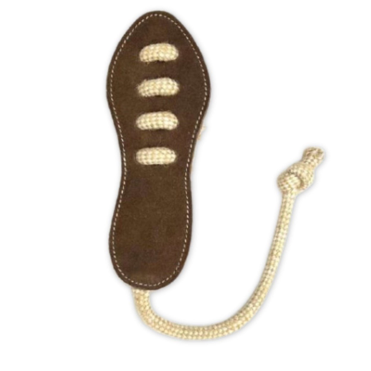 Introducing the Footy Boot - Chicory by Georgie Paws: a brown, shoe-shaped dog toy with white stitching along the edge, featuring three rope “laces” threaded through holes and a knotted rope extending from the heel. This handmade, plastic-free toy is shown against a plain white background.