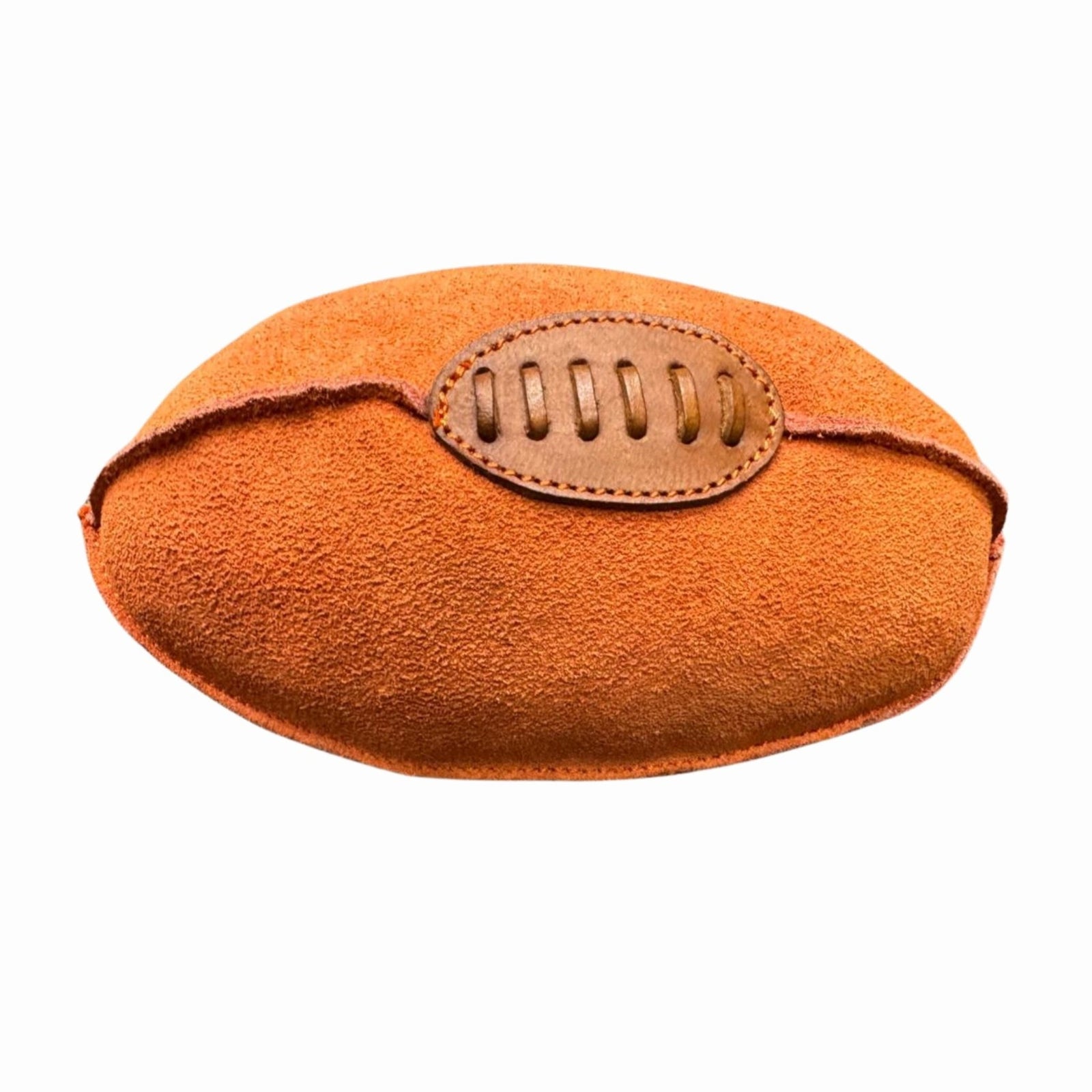 The Georgie Paws Footy - orange is a vintage-style AFL Football with visible stitching and leather lace panel, featuring a rough, hand-crafted look and photographed on a white background.