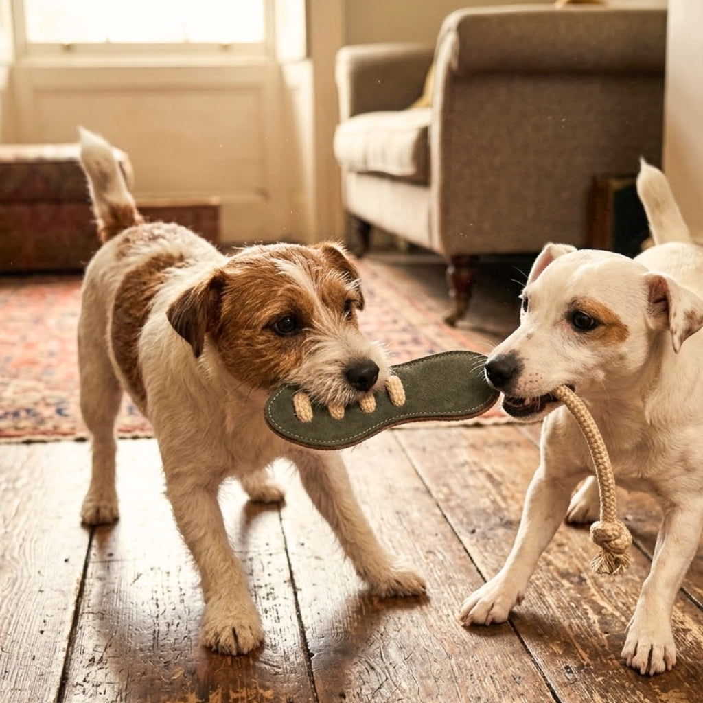 A second view of the Footy Boot - Chive by Georgie Paws, a green suede, shoe-shaped dog toy with rope loops for tugging.