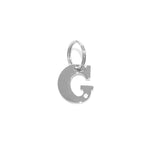 The Georgie Paws Initials - Collar Charms features a shiny silver dog tag shaped like a capital "G," with an engraved paw print in the corner, attached to a metal ring. Displayed on white, it’s a perfect personalized pet gift.