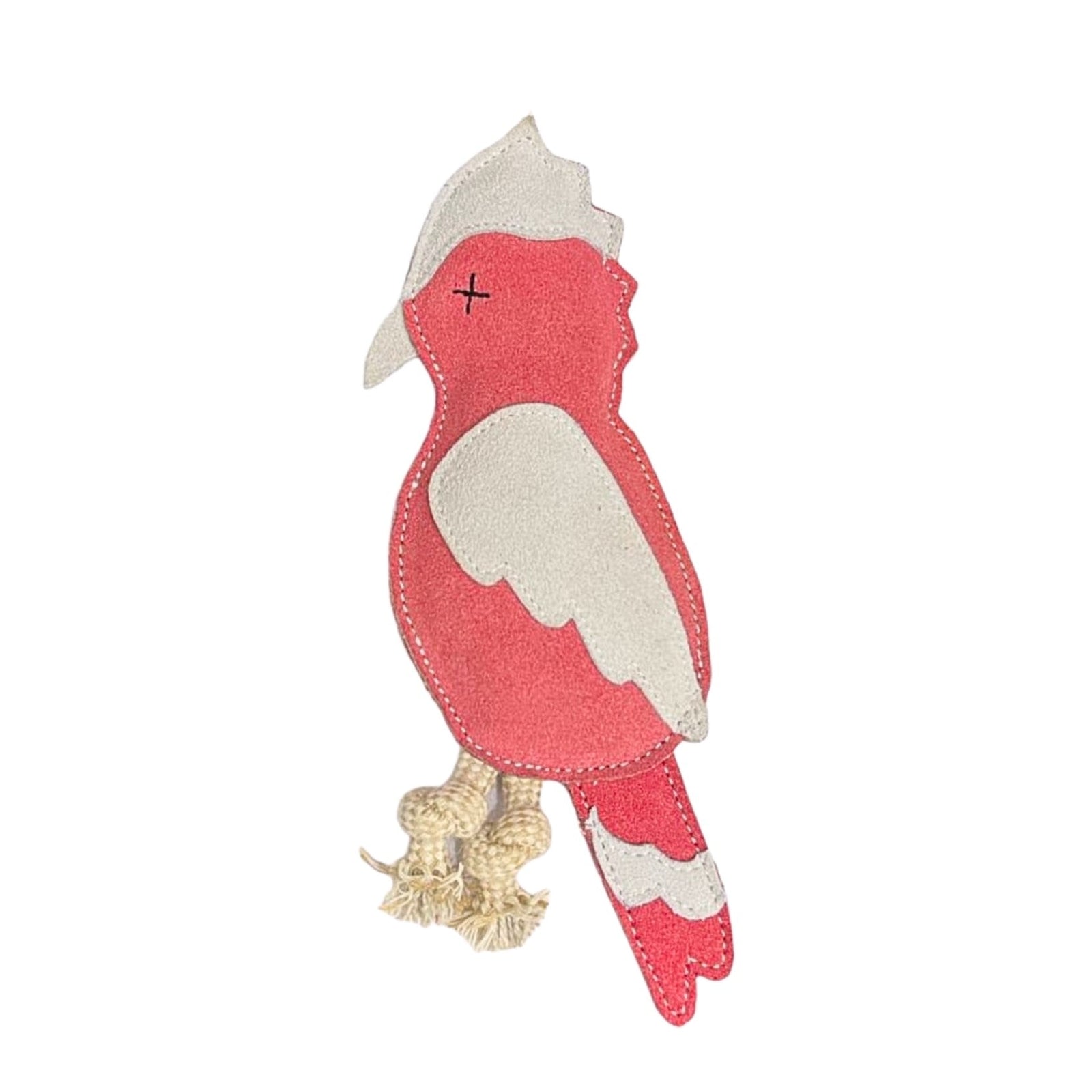 Introducing the Gav the Galah Dog Fetch Training Toy - Pink by Georgie Paws: a red and white fabric bird toy featuring an X for an eye, a crest on its head, stitched wings, and beige rope legs. Designed to be sustainable and plastic-free, this flat dog toy is accented with white details on the tail, wings, and head. The product image is set against a plain white background.