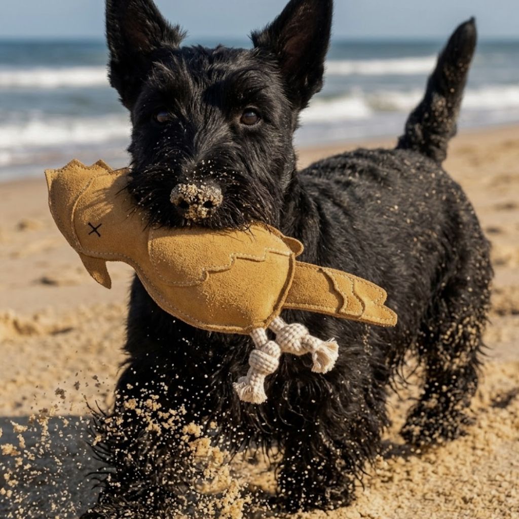 A black Scottish Terrier with sandy fur runs on the beach, spraying sand while carrying the Georgie Paws Gav the Galah Dog Fetch Training Toy - natural in its mouth. The ocean and blue sky are visible in the background.