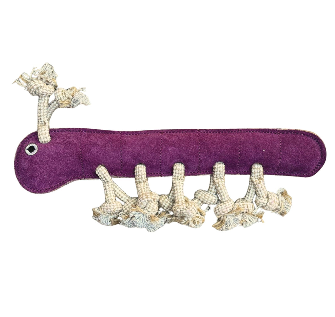 Gerti the Grub by Georgie Paws is a plush, purple, centipede-shaped sustainable dog toy with a round head, stitched black-and-white eye, and six beige rope legs tied at the ends along its flat, soft underside.
