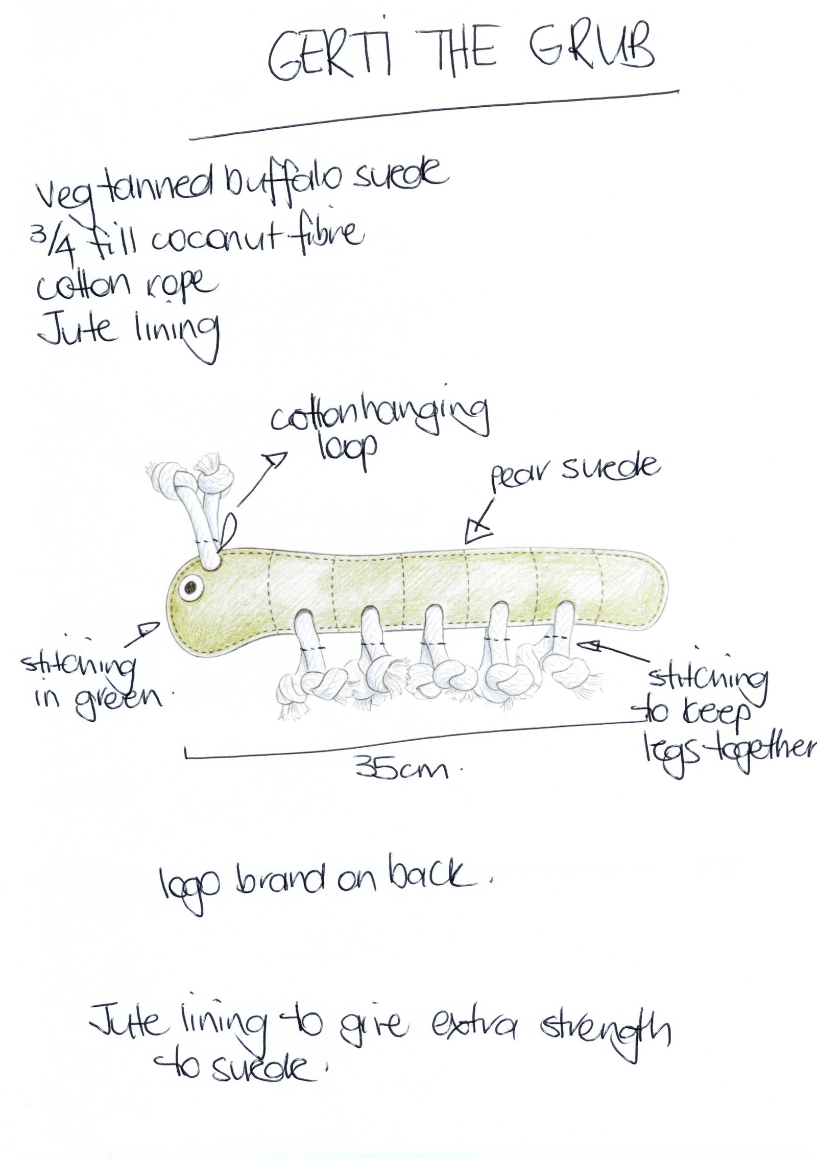 A hand-drawn diagram of “Gerti the Grub - Pear” by Georgie Paws, a 35cm sustainable dog toy with labeled cotton hanging loop, pear suede head, stitched green segments, cotton rope legs, jute lining, and logo on the back; eco-materials noted.