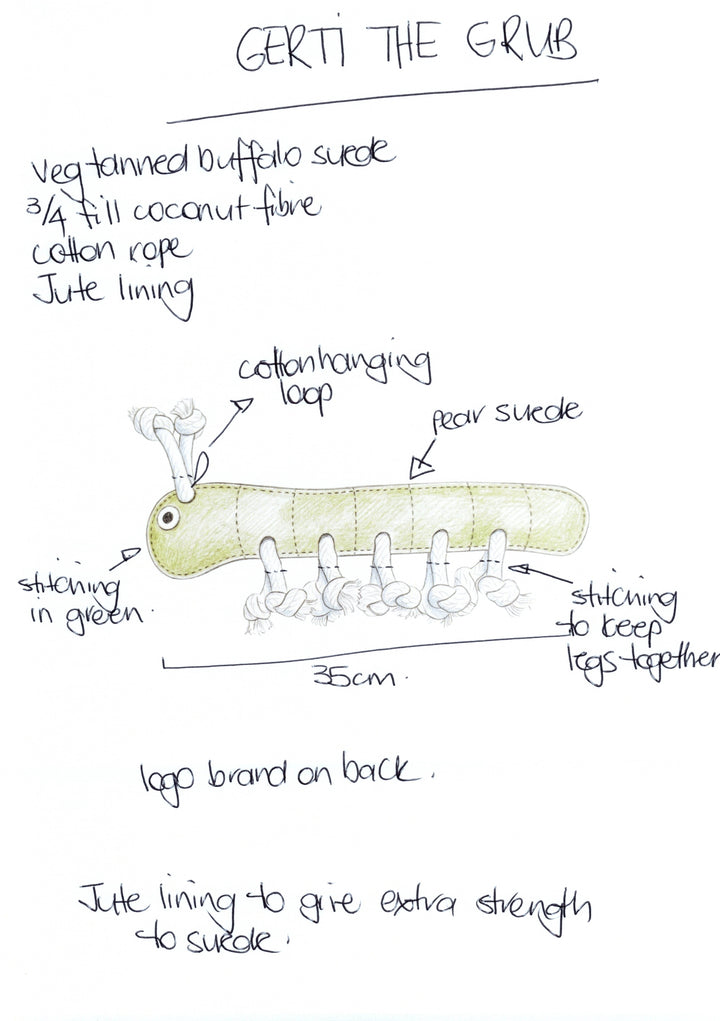 A hand-drawn diagram of “Gerti the Grub - Pear” by Georgie Paws, a 35cm sustainable dog toy with labeled cotton hanging loop, pear suede head, stitched green segments, cotton rope legs, jute lining, and logo on the back; eco-materials noted.