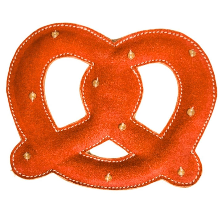 The Georgie Paws Giant Pretzel is a soft, brown plush dog toy with tan spots and white stitching for a realistic look—perfect for playful tug of war games with your pup.