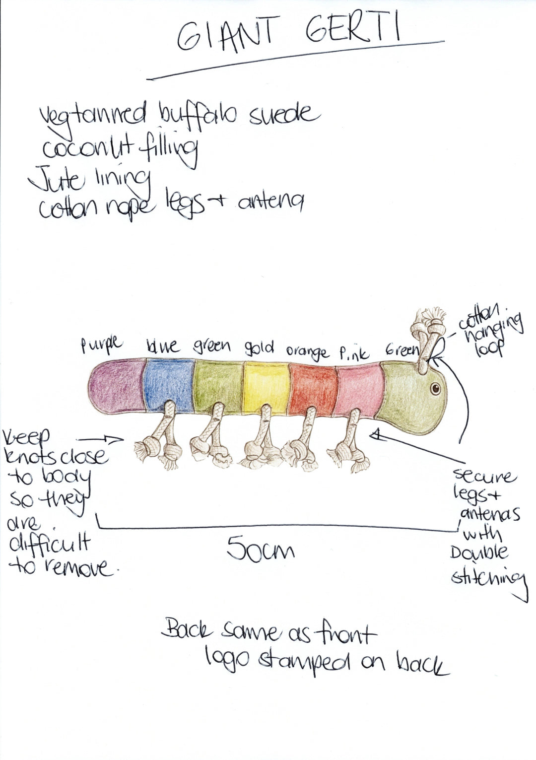 Giant Rainbow Gerti for Giant Dogs by Georgie Paws is a hand-drawn plush caterpillar dog toy featuring colorful body segments, cotton rope legs and antennae, jute-cotton hanging loop, and strong stitching—eco-friendly and compostable.