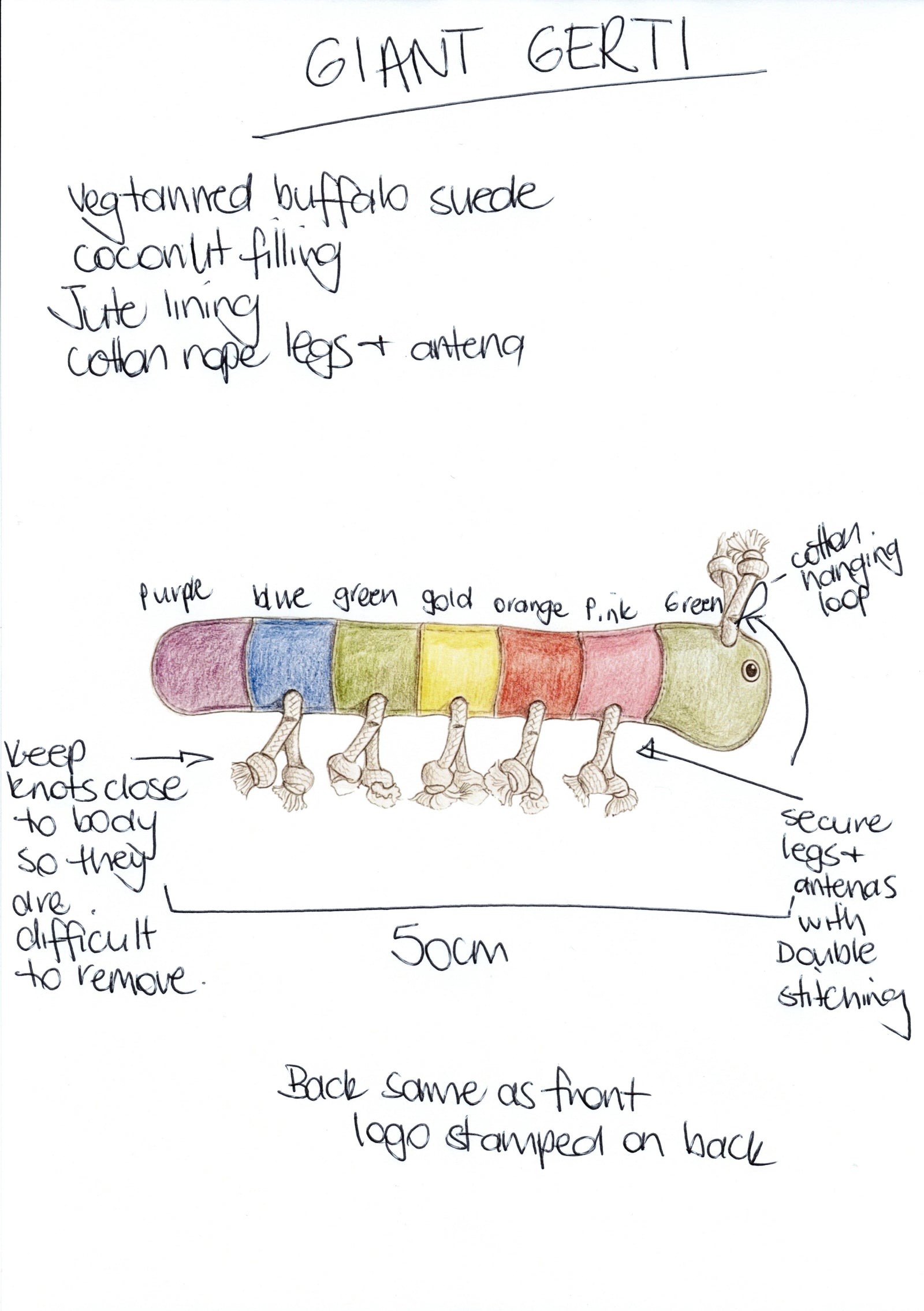 Giant Rainbow Gerti for Giant Dogs by Georgie Paws is a hand-drawn plush caterpillar dog toy featuring colorful body segments, cotton rope legs and antennae, jute-cotton hanging loop, and strong stitching—eco-friendly and compostable.