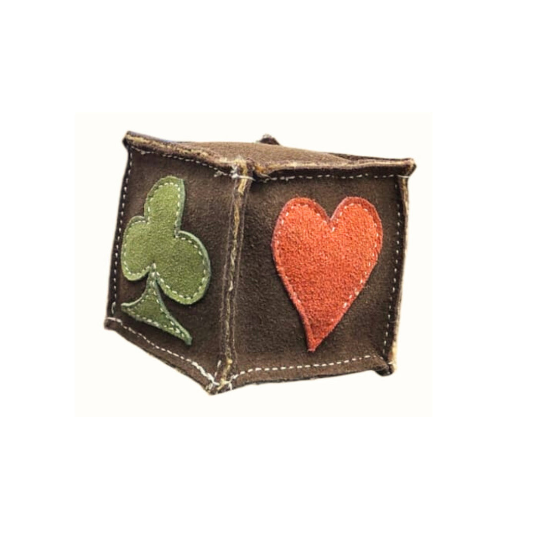 A brown fabric cube with light stitching around the edges. One visible face of the cube features a green club symbol, and another face displays a red heart symbol. The **Go-Fish - chicory** by **Georgie Paws** appears to be handmade with soft, textured buffalo suede.