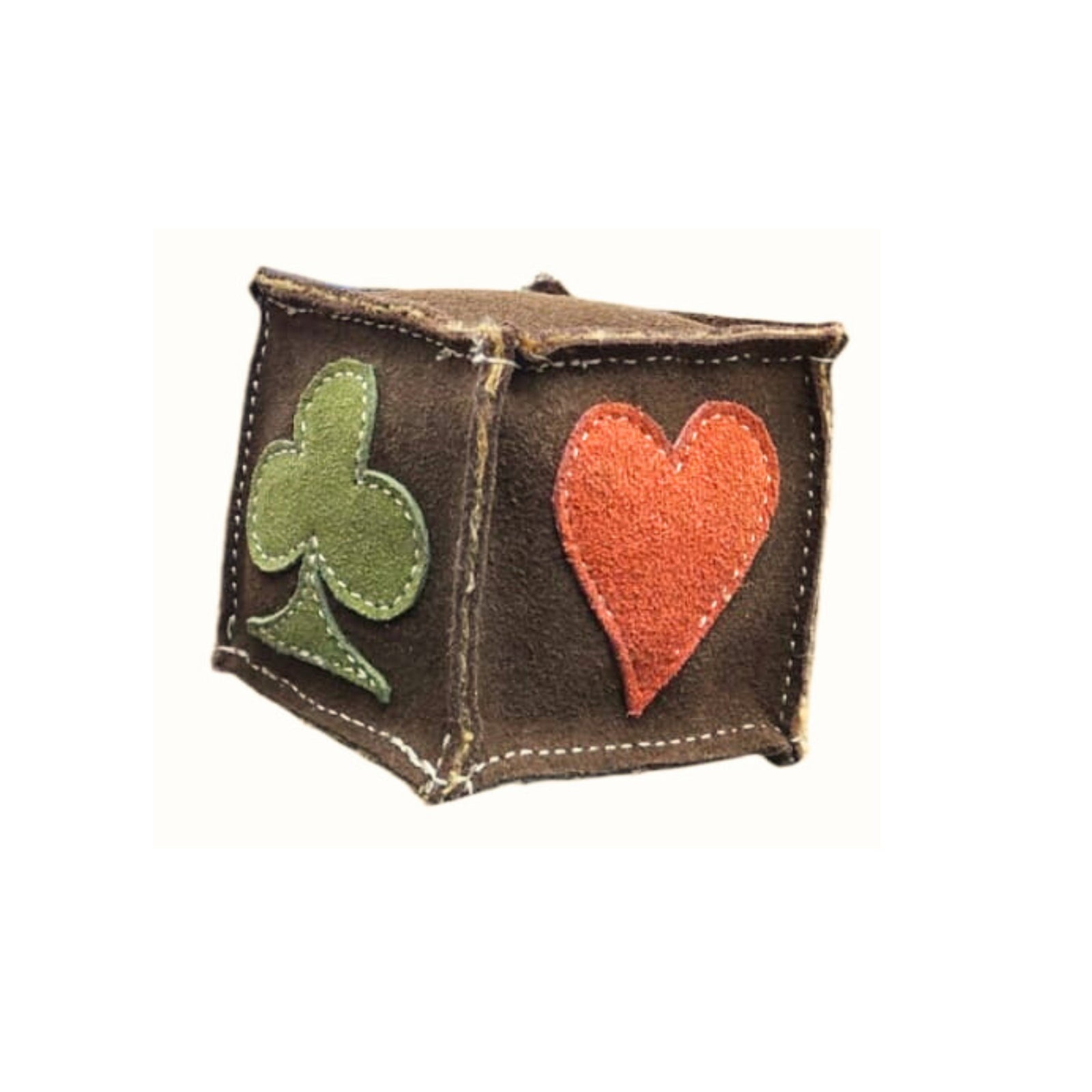 A brown fabric cube with light stitching around the edges. One visible face of the cube features a green club symbol, and another face displays a red heart symbol. The **Go-Fish - chicory** by **Georgie Paws** appears to be handmade with soft, textured buffalo suede.