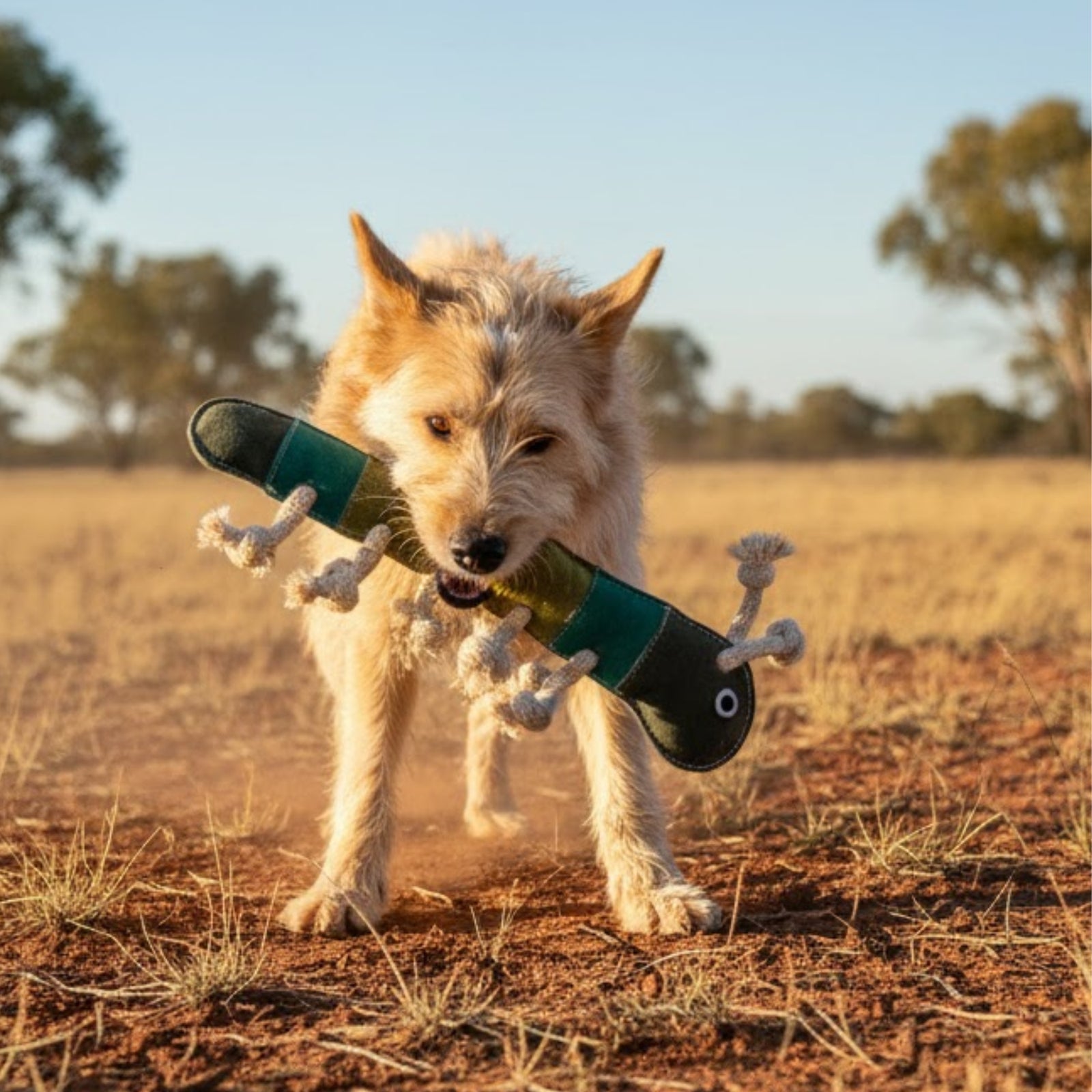 A scruffy, light-brown dog stands on dry grass and red dirt, holding Georgie Paws’ Gerti the Greeny Grub Dog Toy in its mouth. Sparse trees dot the rural landscape beneath a clear blue sky.