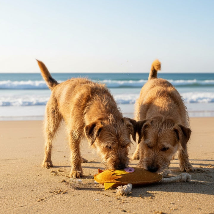 Two scruffy brown dogs stand on a sandy beach, both sniffing and tugging at a Georgie Paws Hector the Highland Cow Dog Toy. Waves and blue sky fill the background, with both dogs’ tails raised. Crafted with sustainable materials, the scene is brightly lit by sunlight.