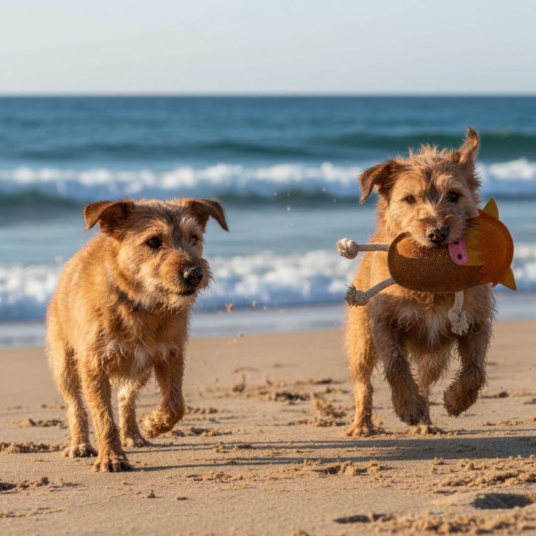 Two small, scruffy brown dogs run on a sandy beach near the ocean. The dog on the right joyfully carries the Georgie Paws Hector the Highland Cow Dog Toy in its mouth, while gentle waves roll in under a clear sky.