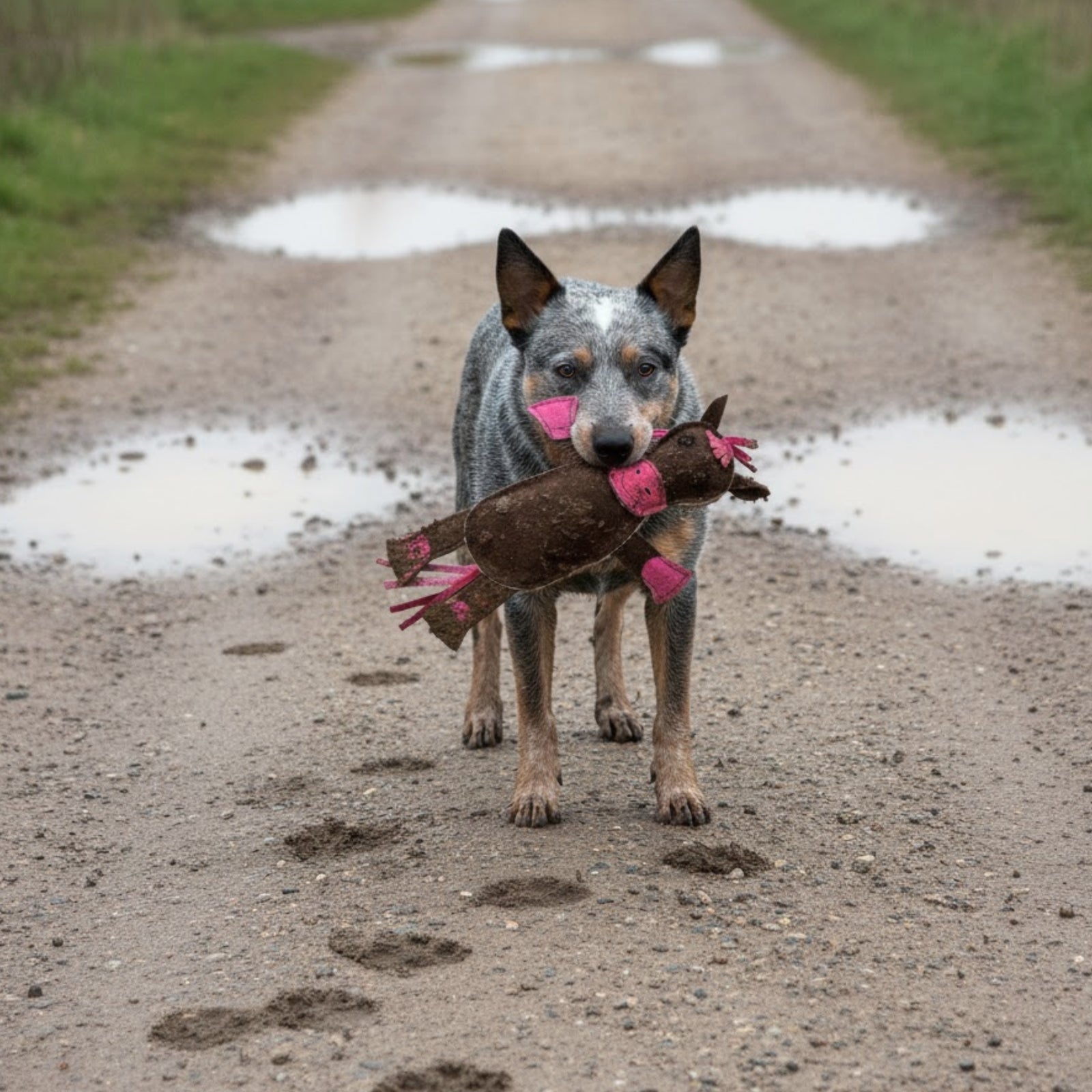A blue heeler stands on a muddy dirt road holding Georgie Paws' Henry the Horse - chicory dog toy. Wet paw prints trail behind, grassy edges line the road, and the dog faces the camera.