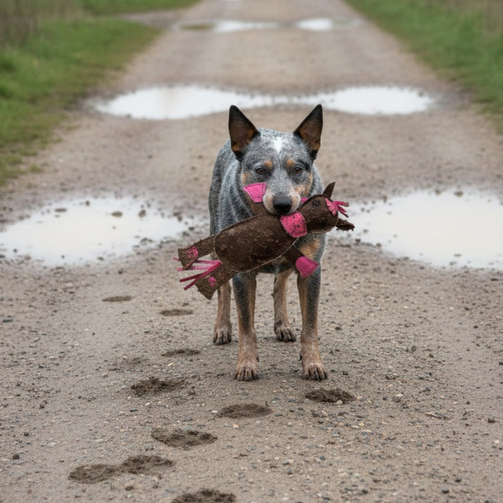 A blue heeler stands on a muddy dirt road holding Georgie Paws' Henry the Horse - chicory dog toy. Wet paw prints trail behind, grassy edges line the road, and the dog faces the camera.