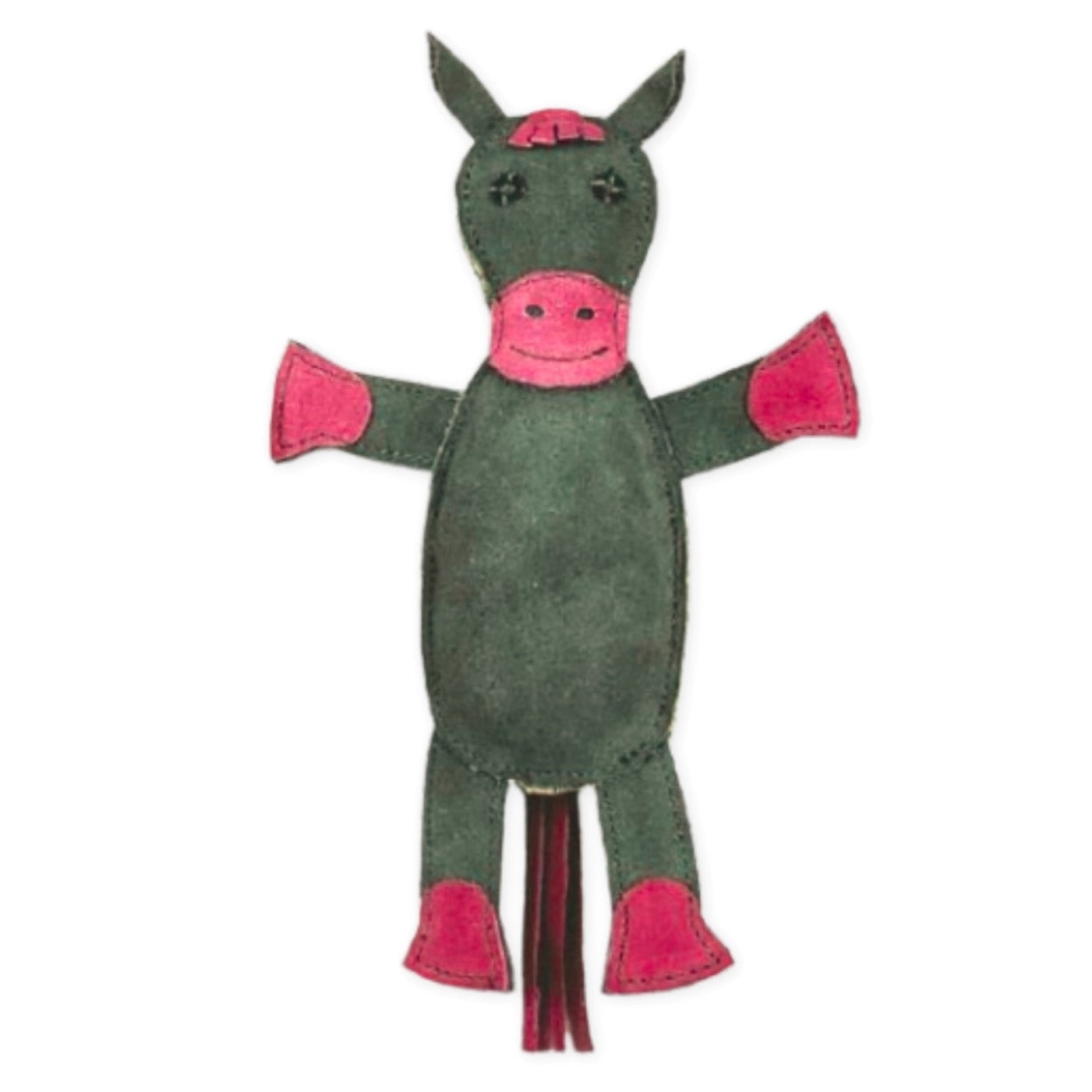 A colorful, child-like drawing of a green pig with pink accents on the ears, snout, and hooves against a white background, suggesting a playful and imaginative interpretation of farm animals. Nearby lies Henry the Horse - chive from Georgie Paws.