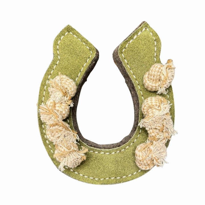 A sustainable, handmade Horseshoe - Orange & Green by Georgie Paws is displayed on a white background. This green felt horseshoe features white stitched edges and is decorated on one side with six knotted beige rope clusters, giving it a soft and artisanal look.