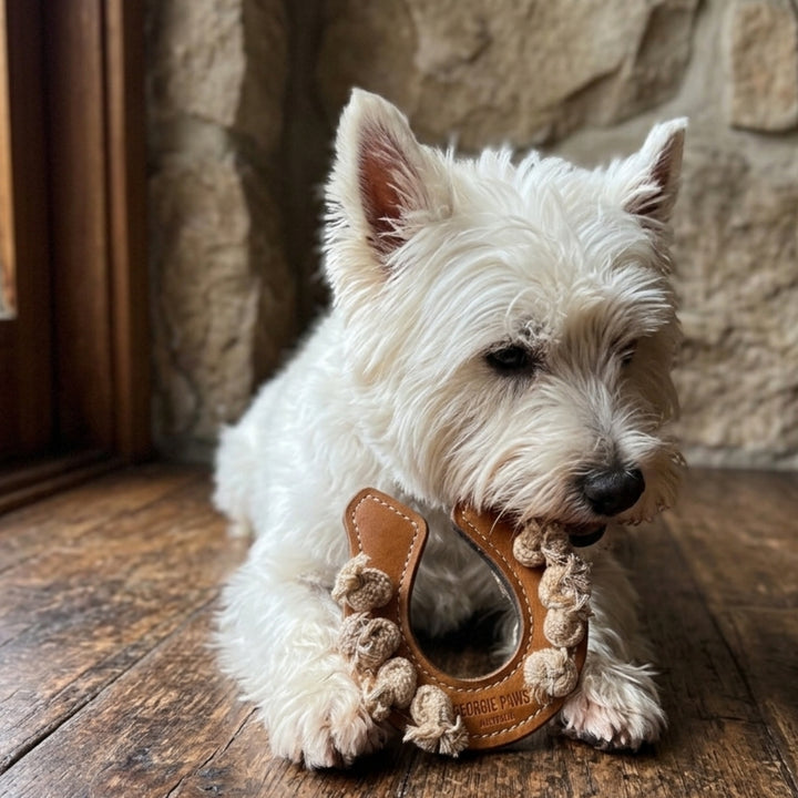 A small white dog sits on a wooden floor chewing on a tan leather dog toy with rope trim