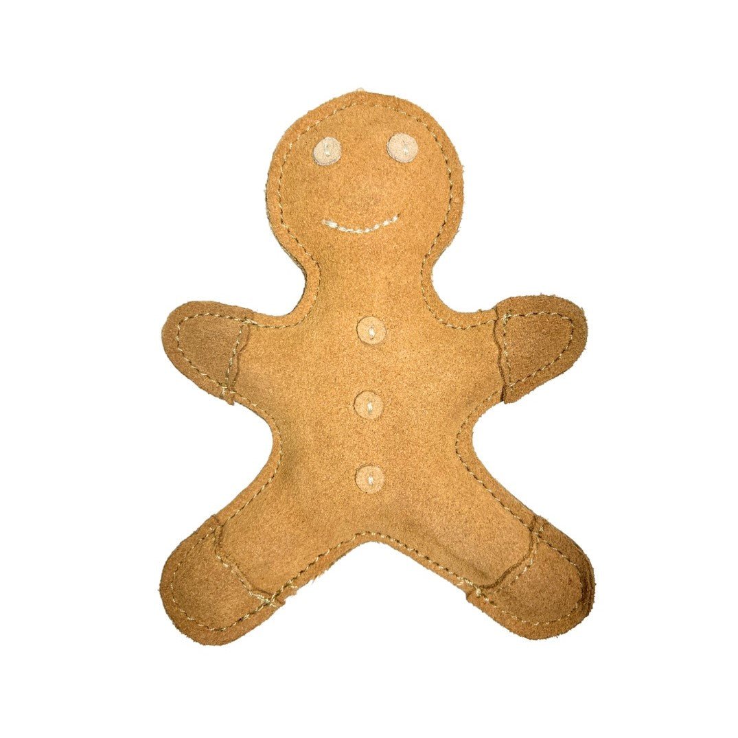 The Hugo Gingerbreadperson Toy by Georgie Paws is a tan, felt plush designed to be plastic-free. It features four light-colored circles as buttons, stitched detailing on its outstretched limbs, two circular eyes, and a smile—all displayed against a plain white background.