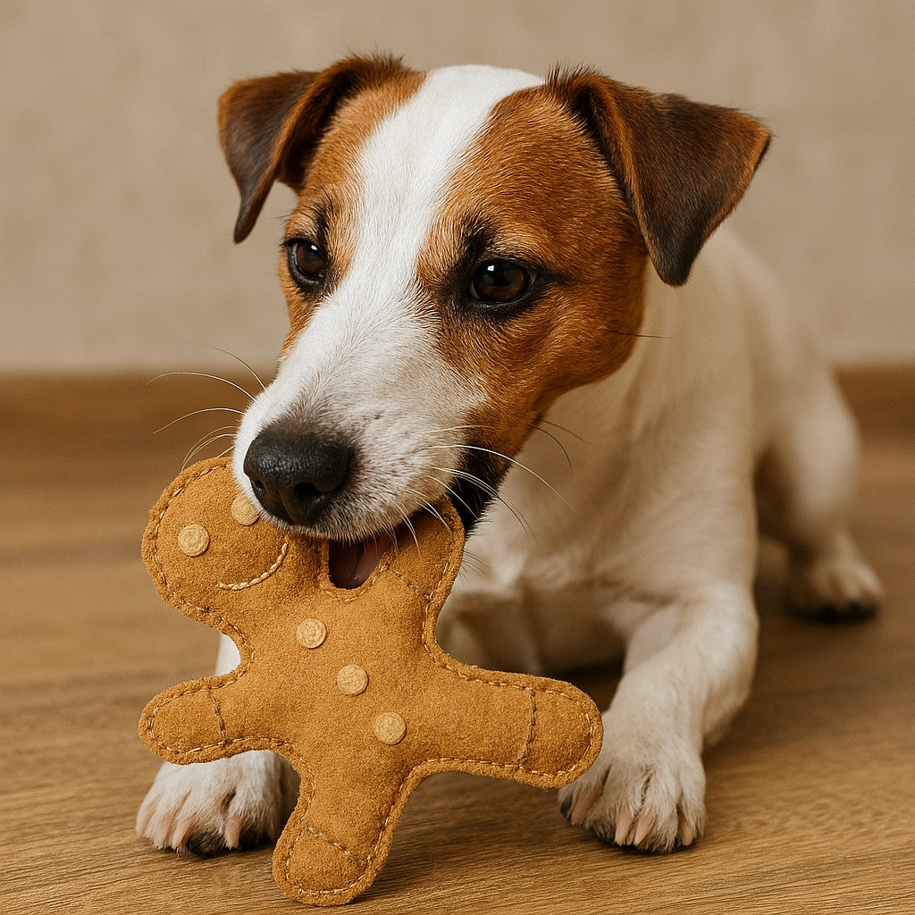 A small brown and white dog, possibly a Jack Russell Terrier, lies on a wooden floor, playfully chewing on the Hugo Gingerbreadperson Toy by Georgie Paws. The softly blurred background keeps the focus on the pup and its festive gift.