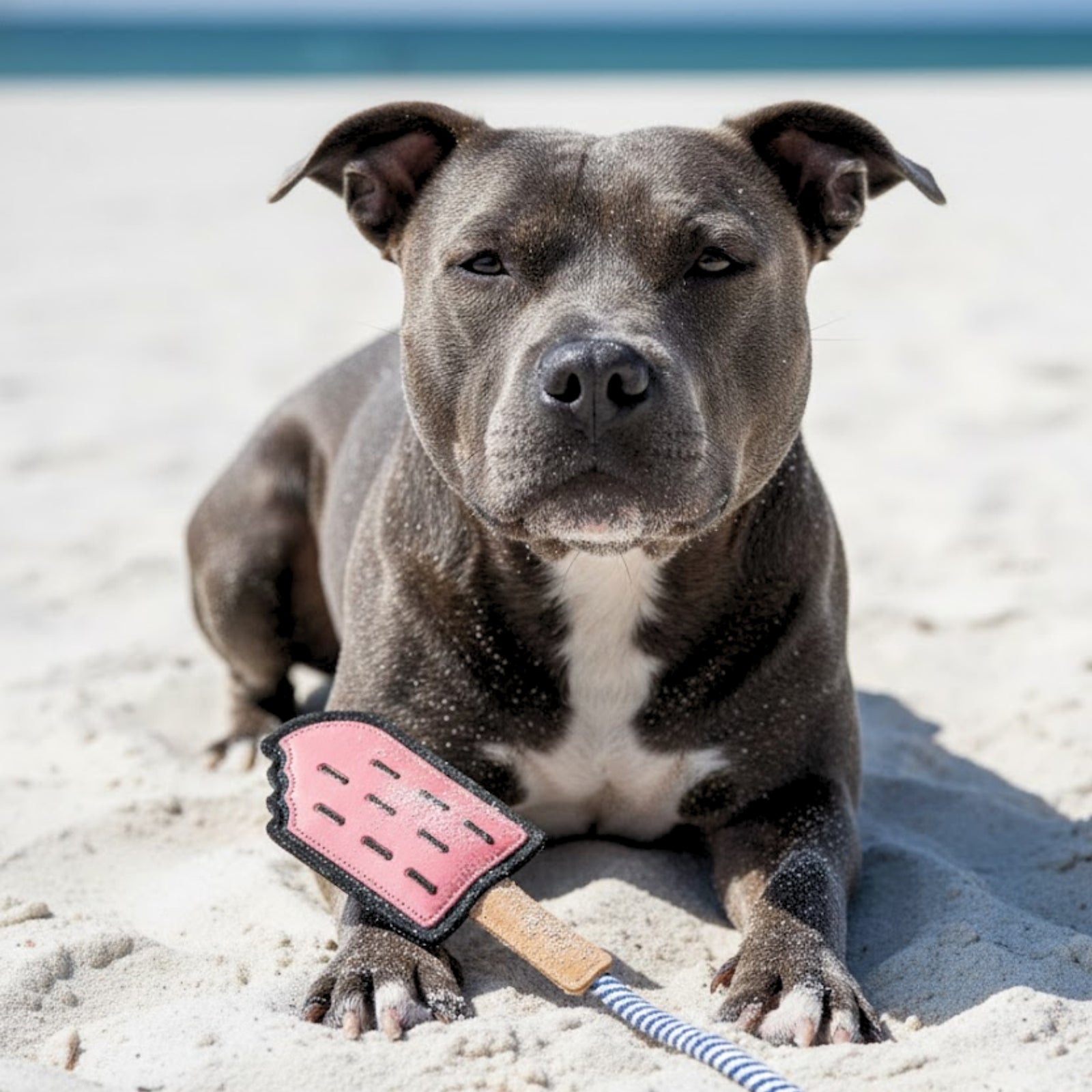A gray and white dog lies on a sandy beach with sand on its paws, looking at the camera. In front is the Georgie Paws Icy Pole - navy, a popsicle-shaped teething toy. Blue water and sky are blurred in the background.