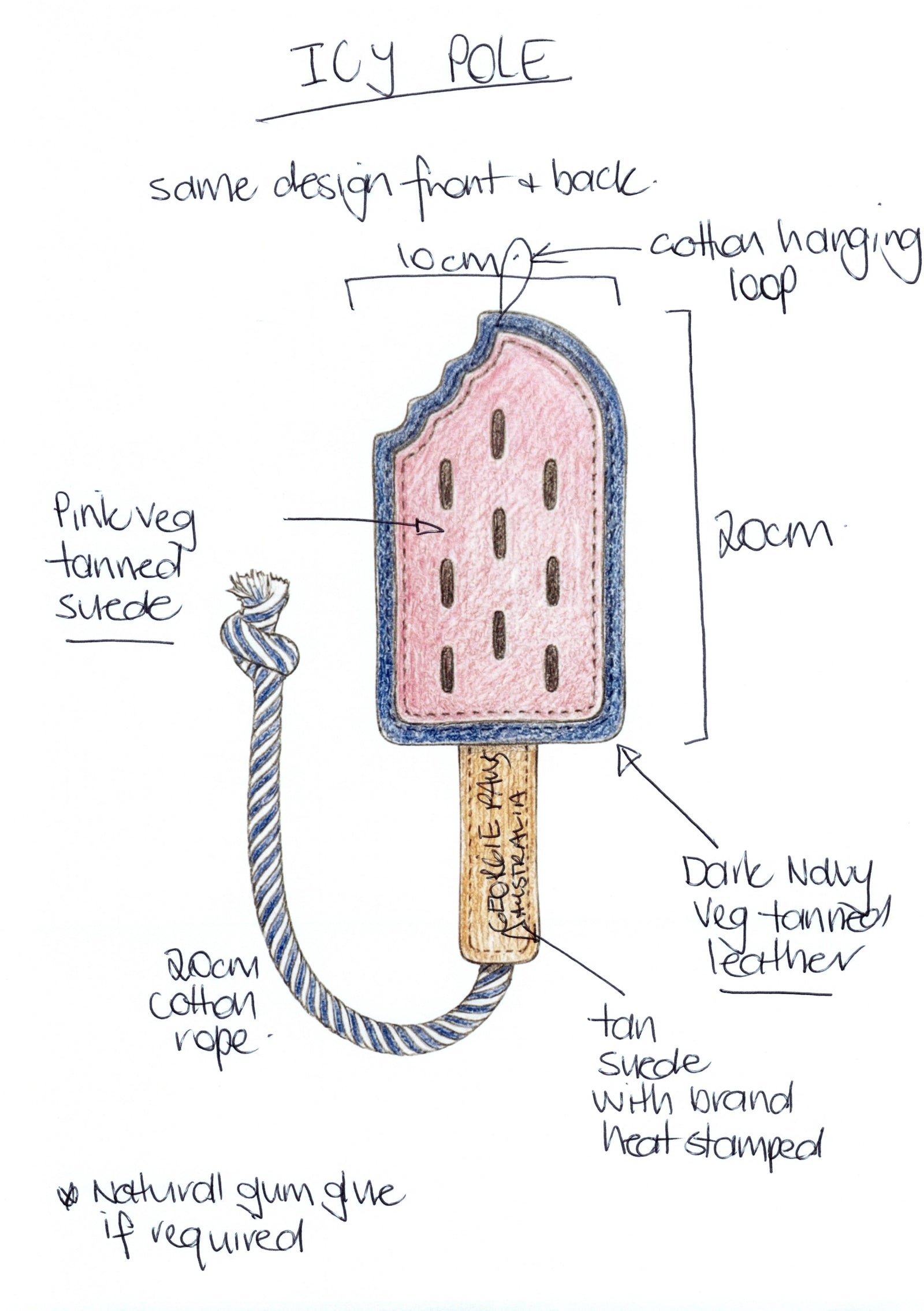 The Georgie Paws Icy Pole - Navy keychain features a colored sketch showing pink veg-tanned suede, dark navy veg-tanned leather, tan suede with stamped brand, a 20cm cotton rope, and a 10cm cotton hanging loop—like a mini buffalo leather dog toy.