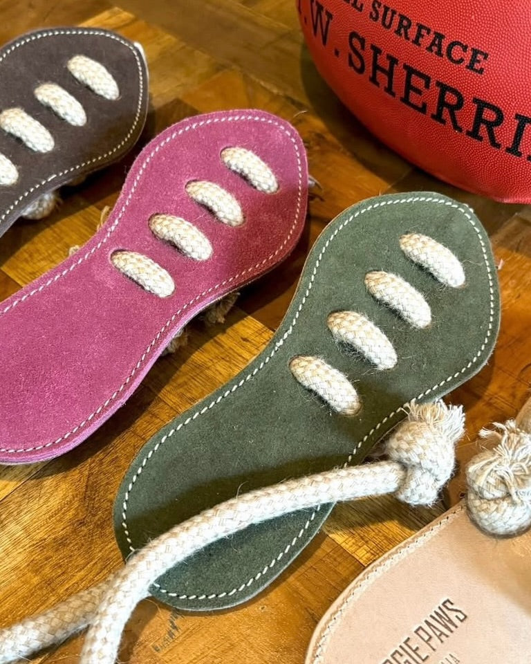 Georgie Paws Footy Boot dog toys, handmade suede boot-shaped tug toys with rope laces