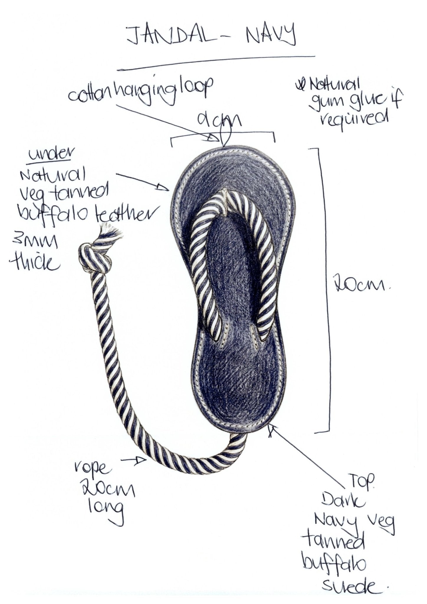 Design drawing  of the Navy blue Geoirgie Paws buffalo suede Jandle dog toy with navy and white striped rope straps and a knotted tail, on a plain white background.