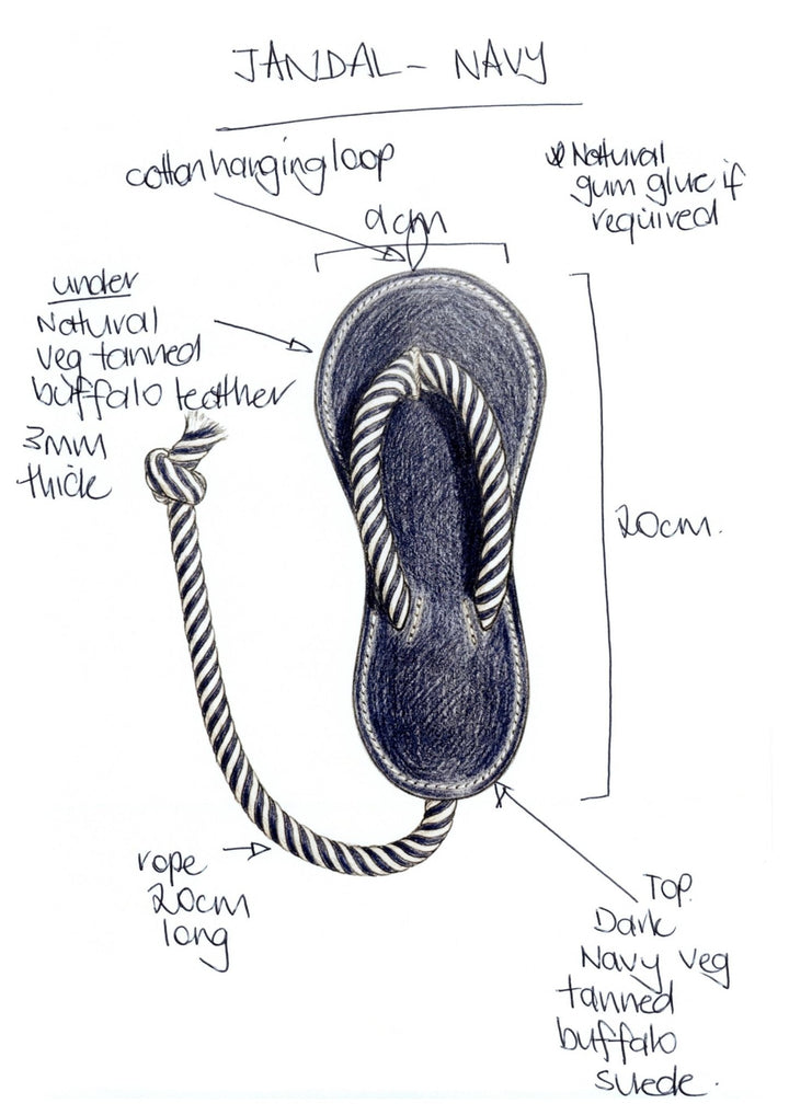 Design drawing  of the Navy blue Geoirgie Paws buffalo suede Jandle dog toy with navy and white striped rope straps and a knotted tail, on a plain white background.