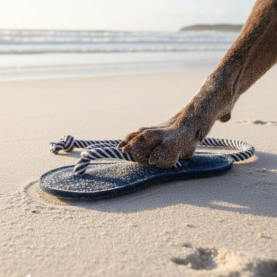 A dog's sandy paw steps on the Georgie Paws Jandal - navy, resting on smooth, eco-friendly beach sand with gentle waves and a distant shoreline under a bright sky.