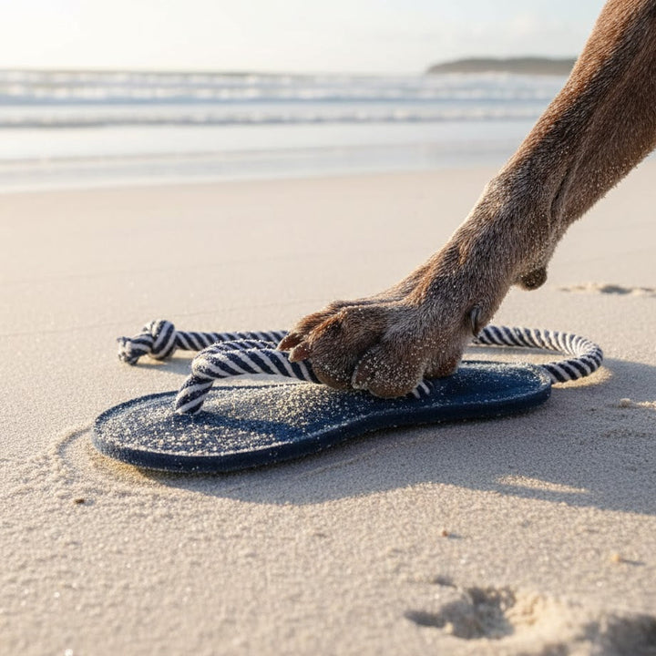 A dog's sandy paw steps on the Georgie Paws Jandal - navy, resting on smooth, eco-friendly beach sand with gentle waves and a distant shoreline under a bright sky.